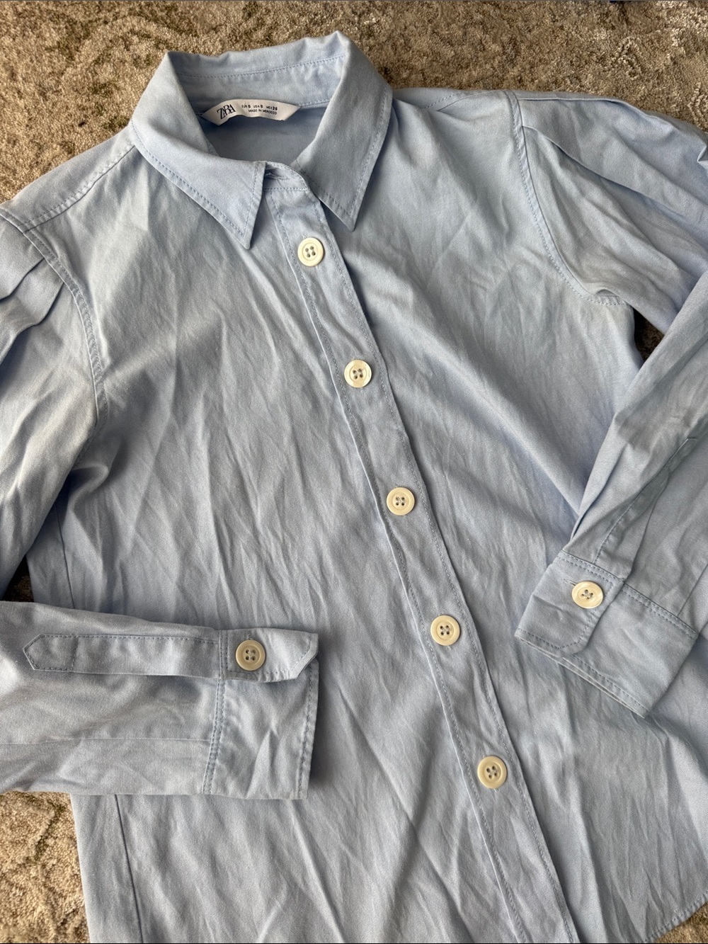 Women’s Zara blue balloon sleeve button down cotton blend blouse shirt